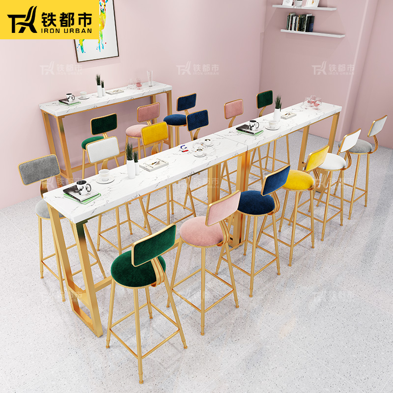 大理石吧台桌阳台家用简约奶茶店靠墙小长条酒吧实木高脚桌椅组合