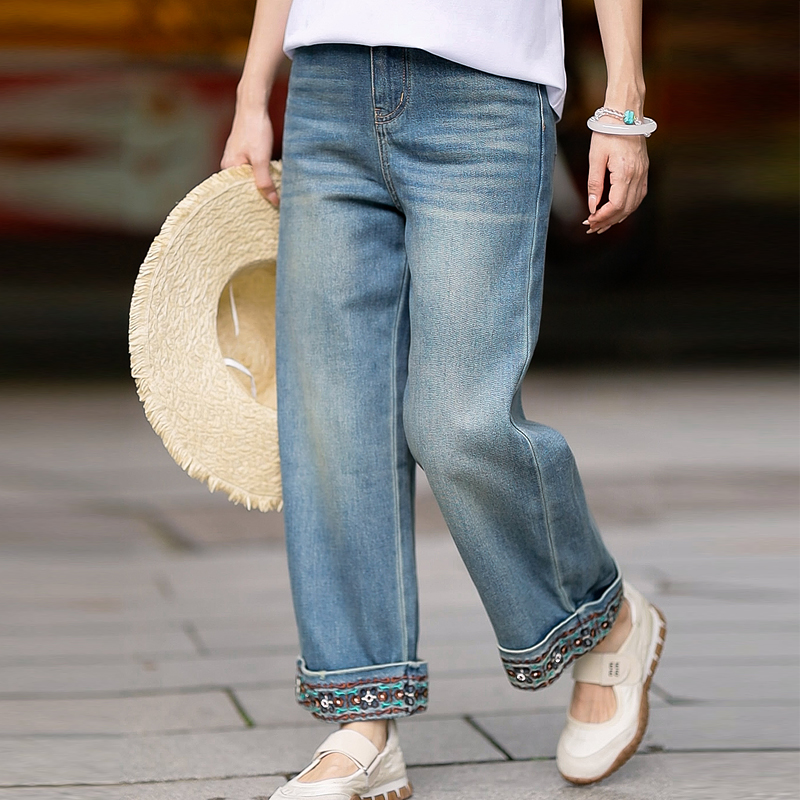 复古日记“蓝织”超软牛仔!重工刺绣民族风休闲直筒裤25GK295