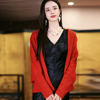 复古日记“星愿”新中式100山羊绒外套国风红色针织开衫女23HV017