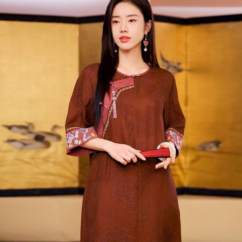 复古日记100桑蚕丝夏季中式气质中国风连衣裙女232L6037