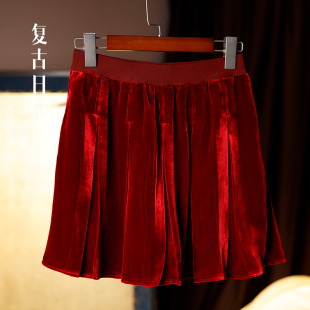 复古日记 100桑蚕丝国风对褶大摆丝绒花瓣短裙2F1Q5858 西洲曲