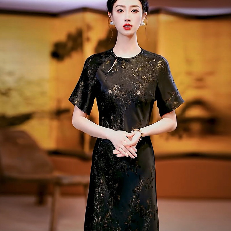 复古日记“柿柿如意”45°斜裁金通正绢鱼尾旗袍裙25FLT686