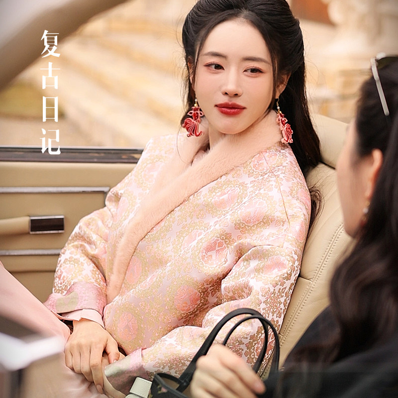 复古日记“粉金宝相”100桑蚕丝宋锦交领水貂羊绒棉外套25DF2298,女装/女士精品,短外套,淘宝优惠券,粉丝福利购,淘宝优惠卷