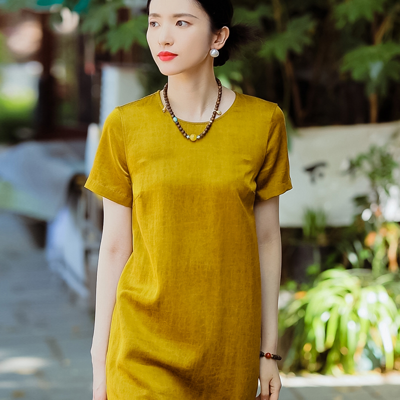 复古日记夏季100桑蚕丝香云纱圆领中式气质国风连衣裙232L5013