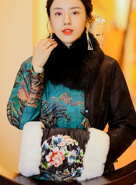 复古日记寒漪丨蓝色云镜纹加厚夹棉圆领中式棉服女士外套217F6198