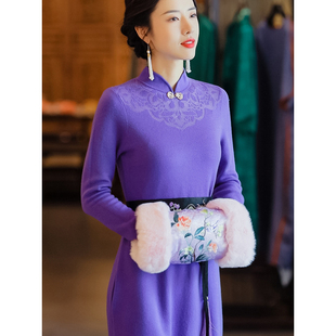 复古日记100绵羊毛新国风旗袍连衣裙秋冬新款汉元素设计感裙子