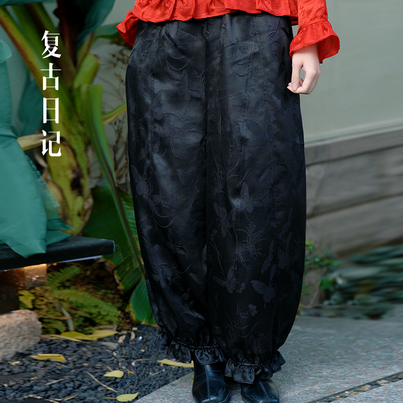 复古日记“蝶戏兰草”100桑蚕丝提花古法香云纱花苞裤2F1K5829