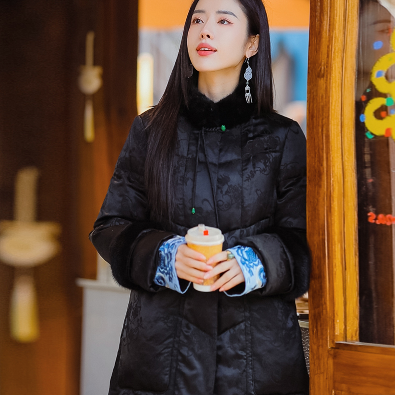 复古日记冬季保暖黑色新中式水貂桑蚕丝加厚长款鹅绒服女23HR128