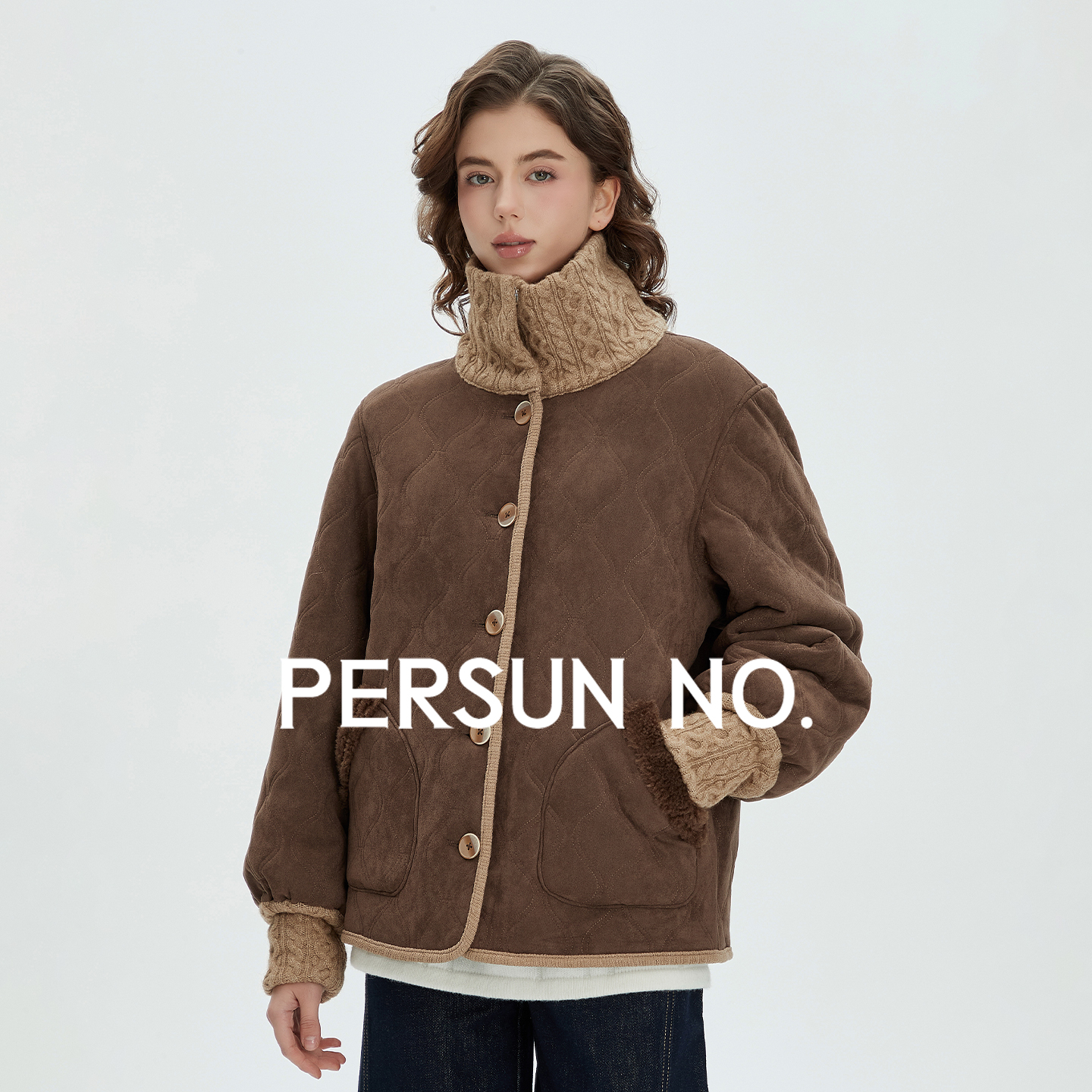 复古暖棕针织领绗缝外套