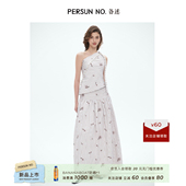 PERSUN 5B153 长裙PDF5E160 NO.备述 香草冰绣花手工珍珠斜肩上衣