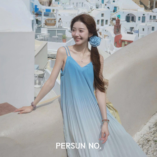 PERSUN 海浪裙 NO.备述法式 海边度假风渐变吊带连衣裙女航海无袖