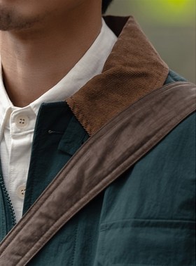 春季美式深绿色复古做旧猎装夹克男多口袋翻领耐磨重磅机能外套