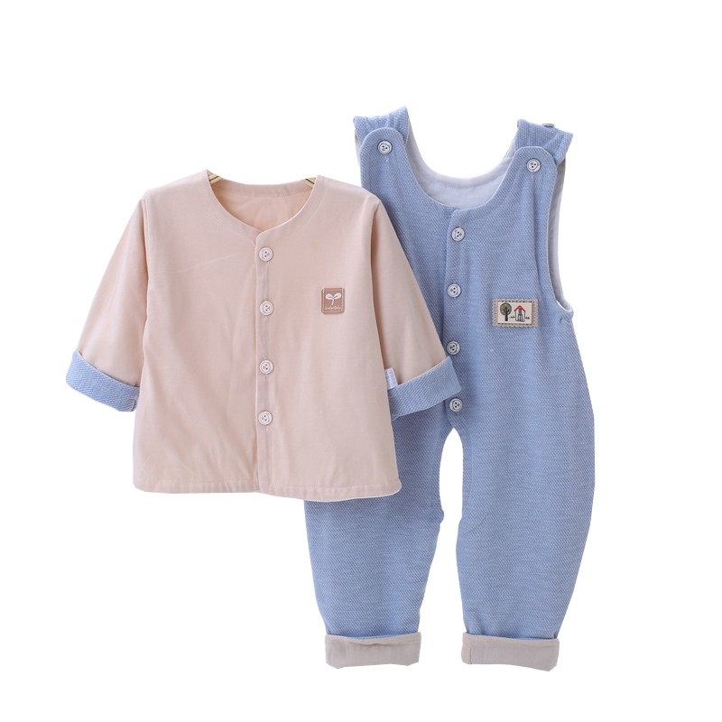 婴儿秋装背带裤套装男女宝宝双层纯棉外出穿套装洋气春秋季01-2岁