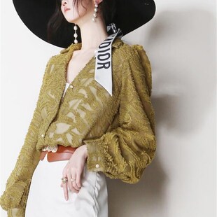 欧美风格 长袖 下底设计衬 宽松法式 Z51覆古暗黄色毛边纹理V领灯笼袖