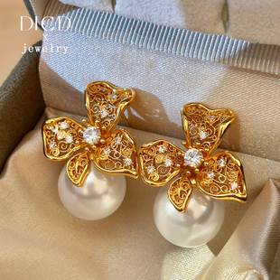 金色镶钻石花朵大珍珠耳环女2026新款高级感轻奢气质秋冬耳钉耳饰