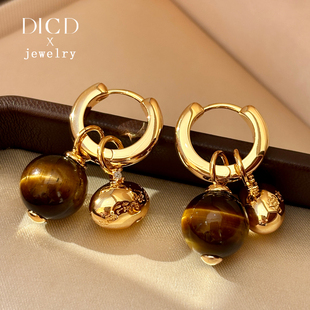 美拉德天然虎眼石圈圈耳环耳扣女2026新款爆款高级感秋冬耳坠耳饰