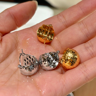 银色碎冰冰圆球耳环耳扣女轻奢小众设计高级感方圆脸耳钉气质耳饰