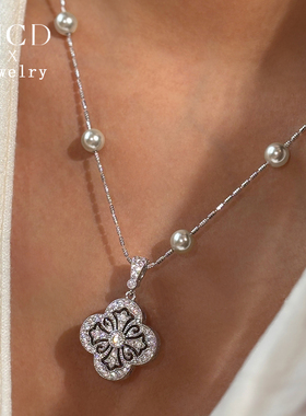 银色镂空四叶草十字架珍珠项链