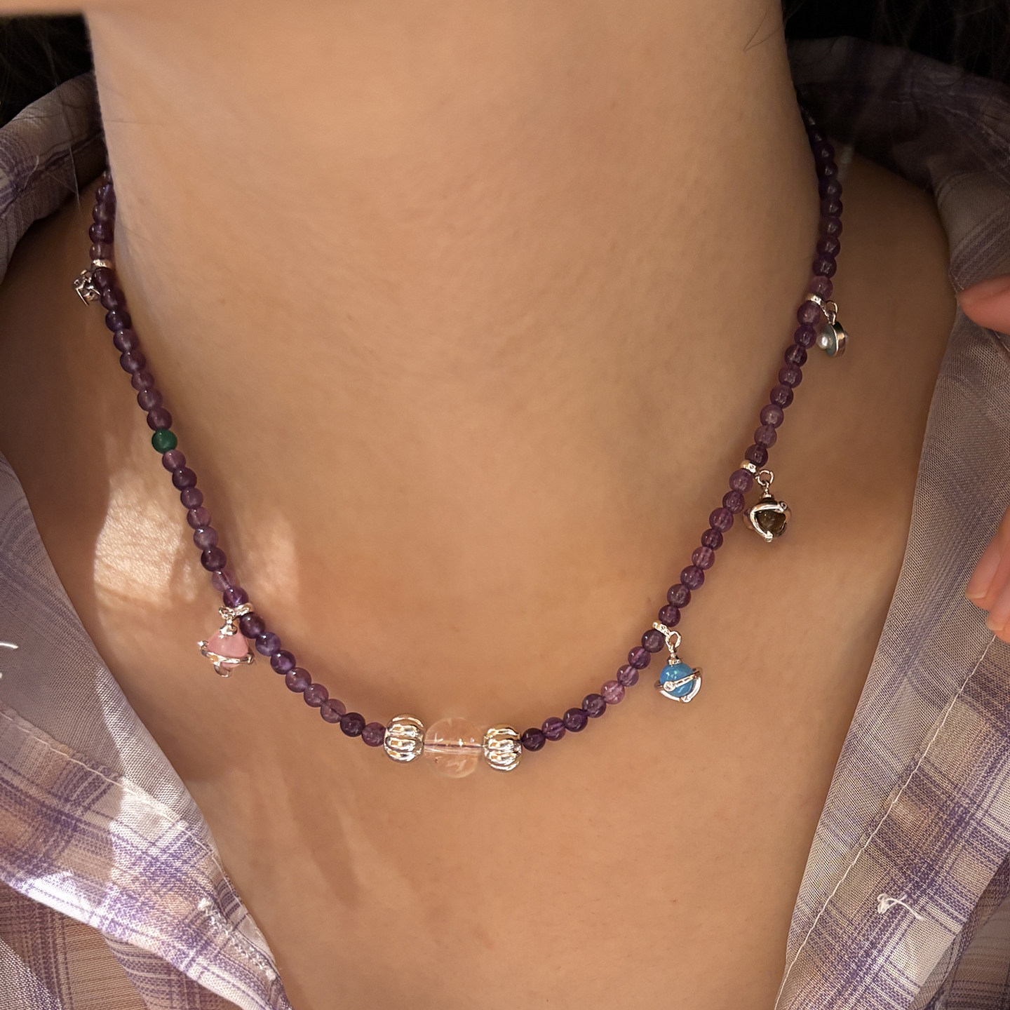 天然乌拉圭紫水晶白阿赛串珠项链女夏天轻奢高级感小众锁骨链颈链
