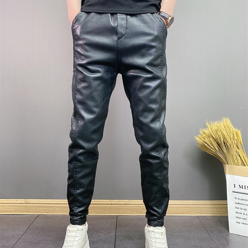 2023年冬季男士痞帅PU机车防风修身小脚加绒加厚休闲裤高级感皮裤