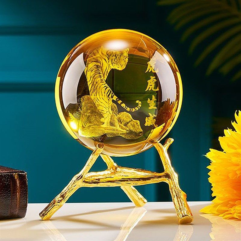 黄色水晶球虎虎生威高档轻奢大气水晶球办公室摆件装饰摆设工艺品,家居饰品,装饰摆件,淘宝优惠券,粉丝福利购,淘宝优惠卷