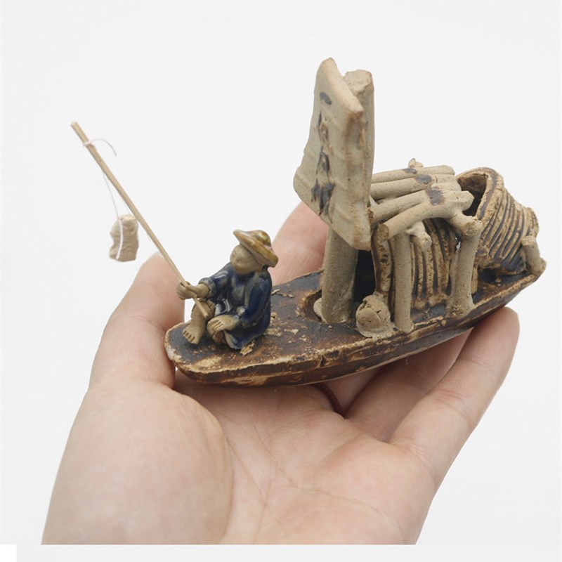 鱼缸造景陶瓷小船老头盆景摆件配件上水石假山吸水石多肉装饰套餐