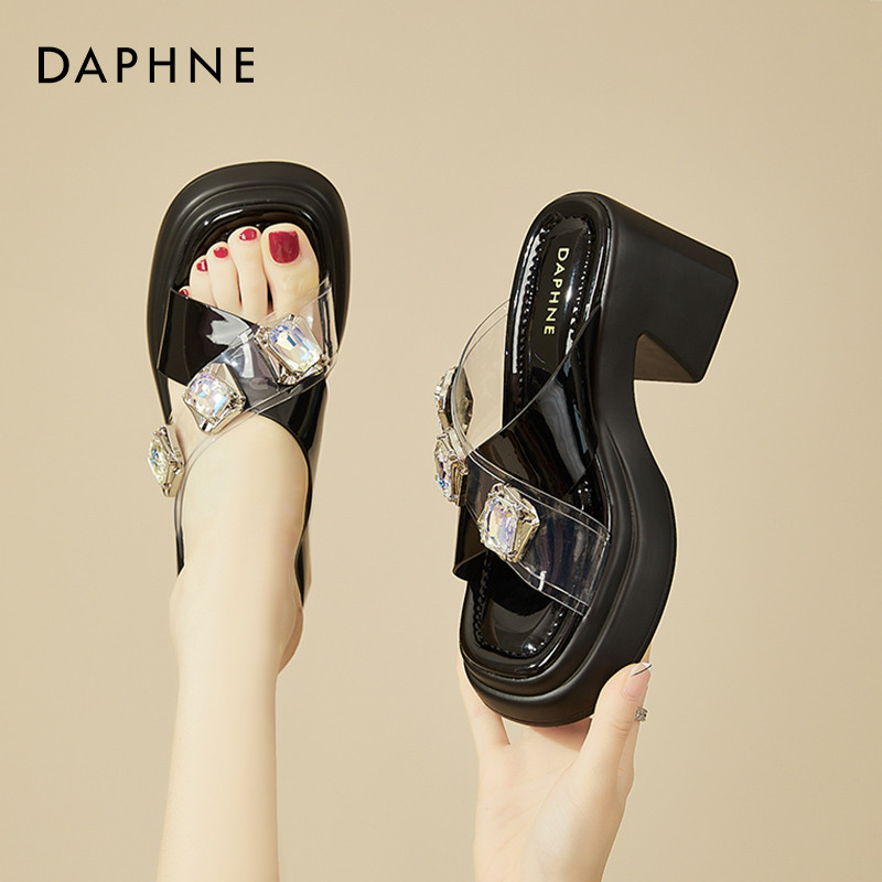 达芙妮交叉一字带透明水钻高跟凉拖鞋女2026夏季新款时尚粗跟凉鞋,女鞋,一字拖,淘宝优惠券,粉丝福利购,淘宝优惠卷