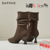 达芙妮美拉德绒面高跟褶皱堆堆靴女冬季 爆款 加绒尖头细跟中筒短靴