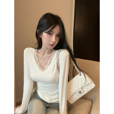 实拍实价纯欲蕾丝内搭打底衫女秋冬季小香上衣白色V领茶艺长袖T恤