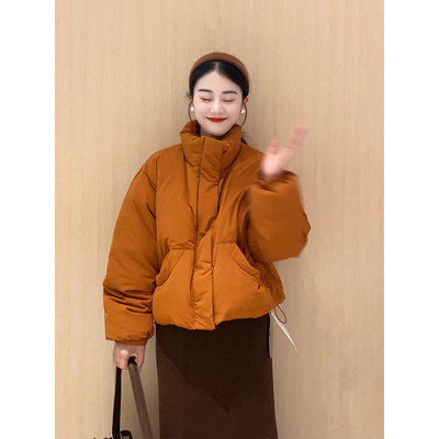 橘色短款轻薄夹棉外套女秋冬季小个子洋气棉袄加厚羽绒派克面包服