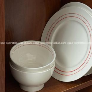 高品质手绘釉下彩奶白温润陶瓷碗盘子家用餐具饭碗面碗甜品碗红线