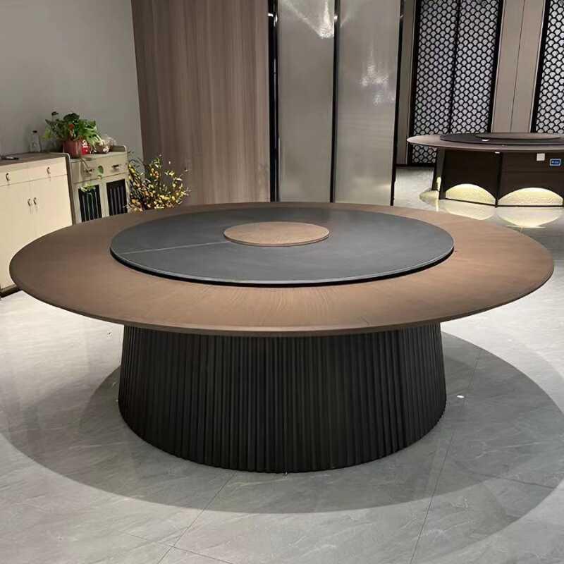 酒店大圆桌电动餐桌饭店包厢会所餐厅新中式桌椅实木岩板15人20人