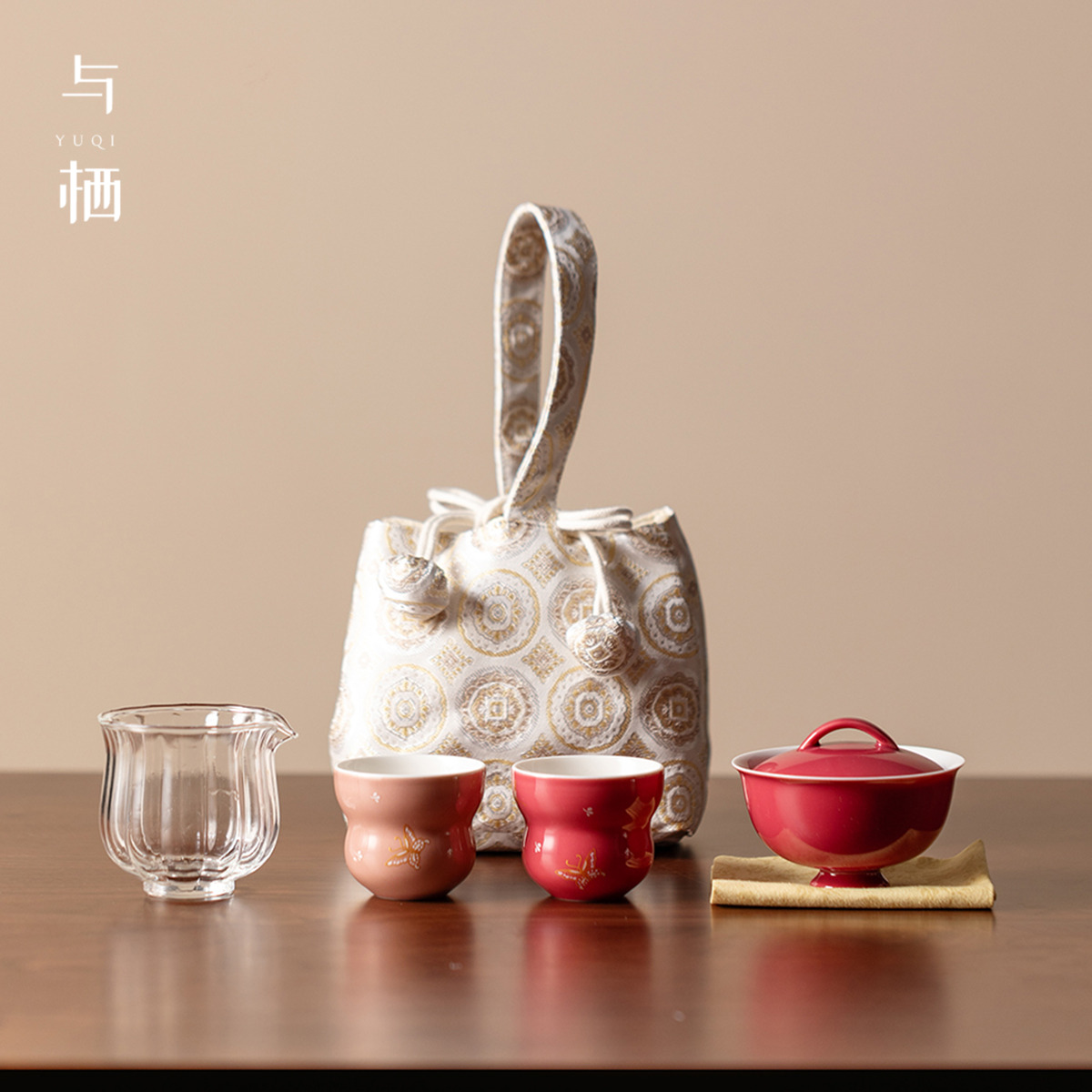 胭脂红如意盖碗茶具套组