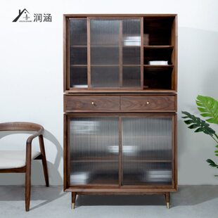 组合多功能北欧柜子餐边柜酒柜书橱实木书柜带玻璃门黑胡桃木落地