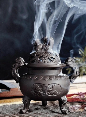 陶瓷青铜古纹三足鼎家用檀香炉中式室C内茶道禅意仿古香薰炉工艺