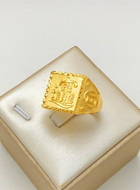 越南沙金a戒指男士福发财活口镀厚金车花时尚个性情侣对戒久不掉