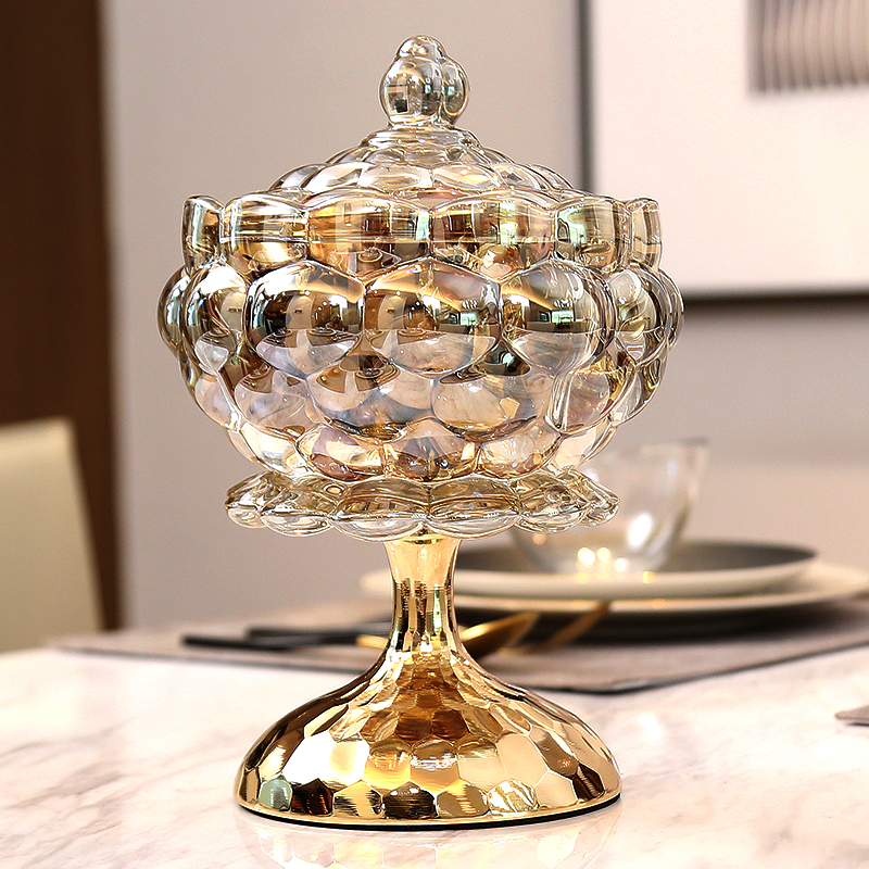 家居新房轻奢金属玻璃储物罐家用带盖糖J果罐客厅茶几玄关收纳摆