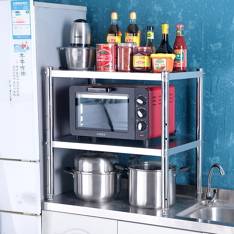 双层落地不锈钢置物架厨房收纳厨具架子两层微波炉U2层家用二层架