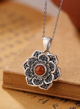 民族风南红玛瑙莲花银项链复古个性吊坠女六字P真言古典风百搭挂