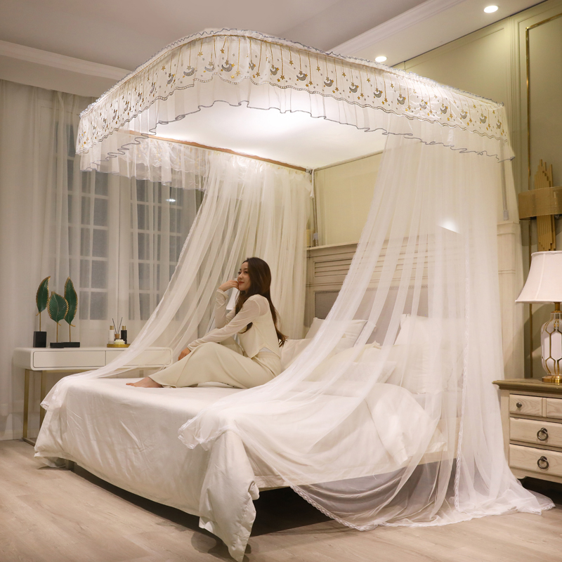 遮光防尘顶U型导轨蚊帐三开门A公主风刺绣落地式高度升降轨道支架