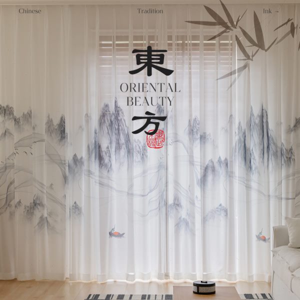 新款中式山水画透光白纱帘卧室客厅书房茶室窗纱落地窗成品隔断
