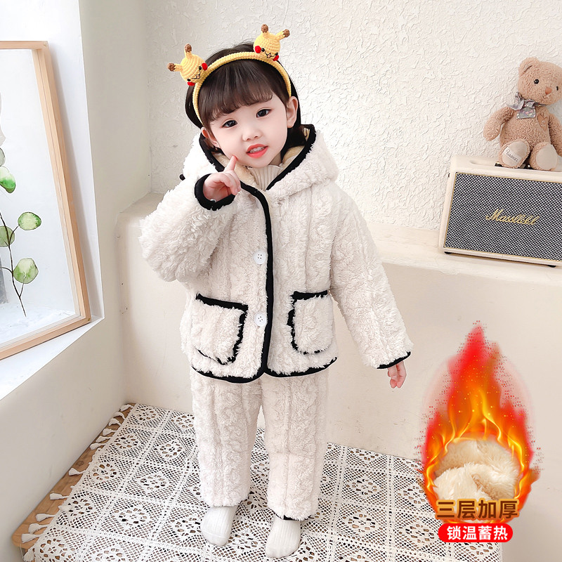 儿童睡衣冬季加厚款法兰绒s女童三层夹棉加绒珊瑚绒家居服2023新