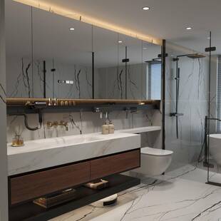 意式极简浴室柜马桶延长组合岩板热弯一体盆卫生间洗漱台洗手脸盆