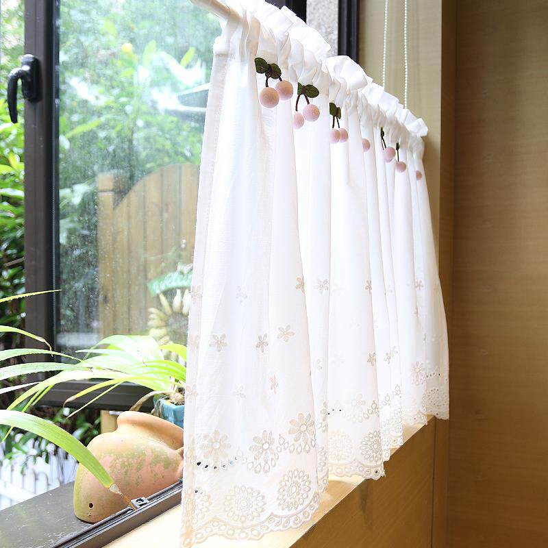 鸢尾乡旅粉色樱桃绣花布法式乡村美式小半帘门帘窗帘免打孔咖啡帘