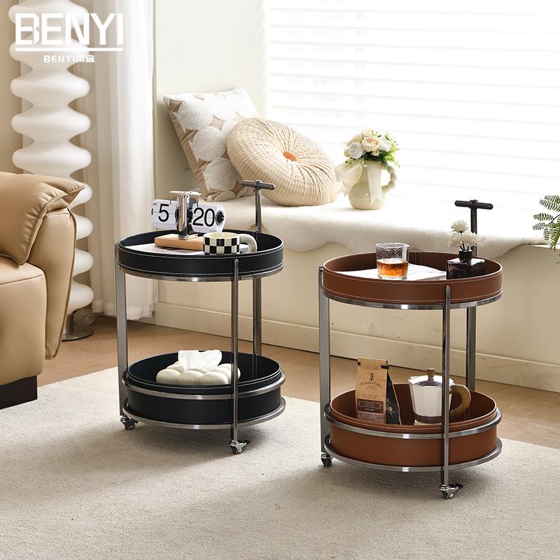 可移动沙发边几茶几小推车带轮客厅家用圆形不锈钢马鞍皮小茶几
