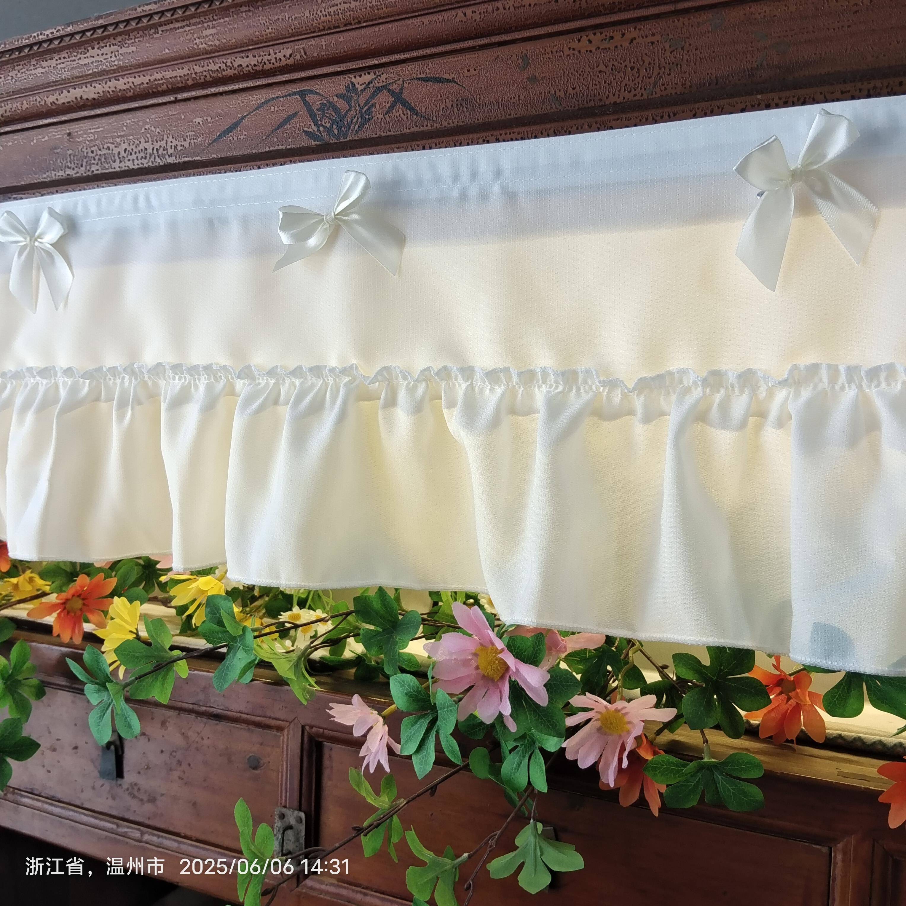 法式荷叶边咖啡帘门帘短帘纱帘半帘蝴蝶结小飘窗帘厨房免打孔粘贴