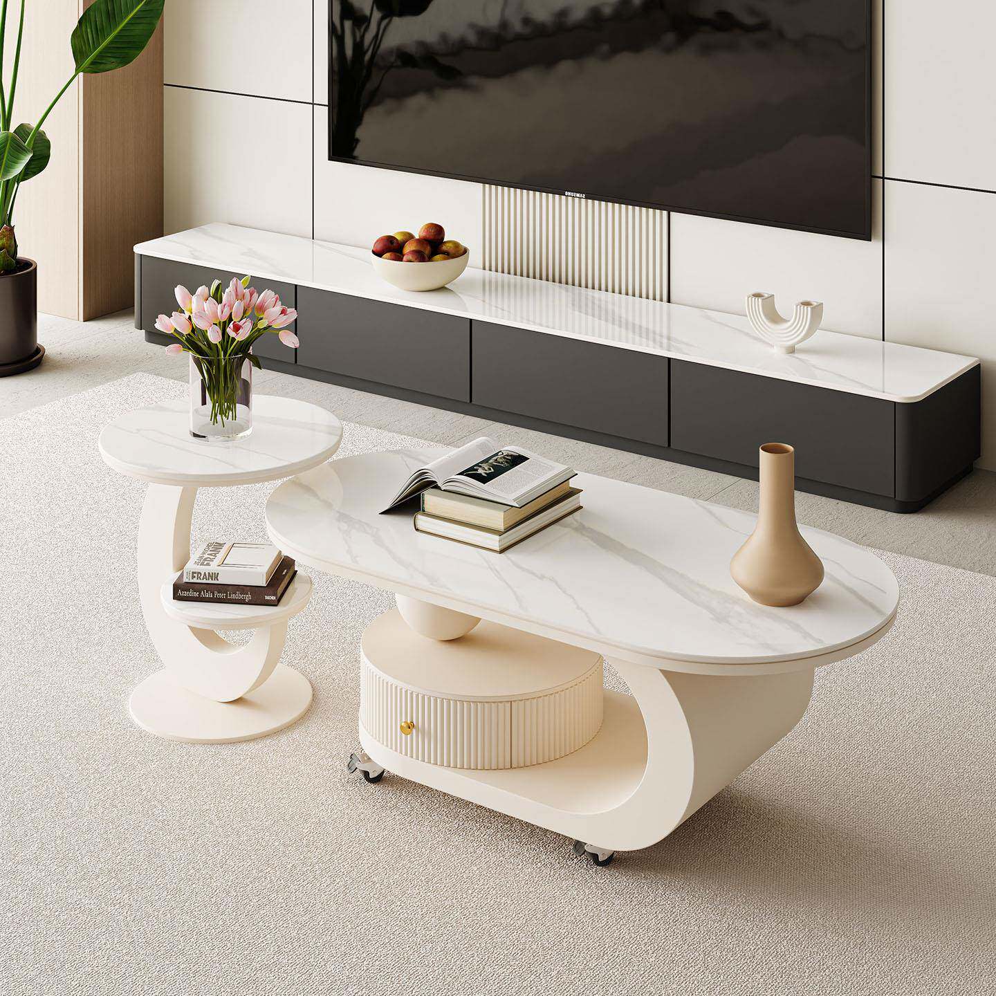 客厅家用简约移动岩板茶几2025新款高级感现代落地电视柜组合套装