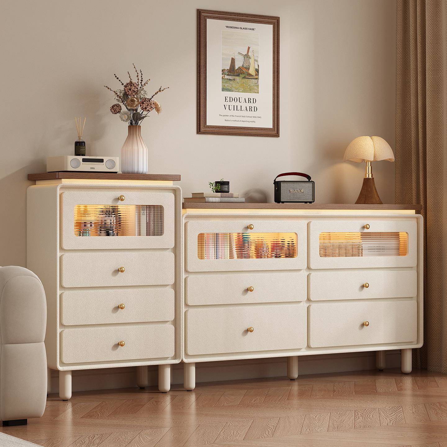 奶油风实木六斗柜卧室靠墙储物柜客厅墙边斗柜35cm深五斗橱收纳柜