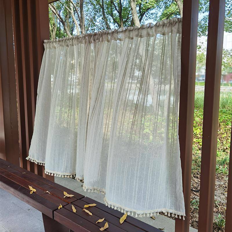 日式亚麻免打孔隔断门帘厨房小短帘半帘飘窗魔术贴遮物帘米色棉麻