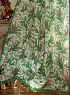 外贸新型绿色植物印花织物窗帘斯堪的纳维亚风半遮光阳台卧室无打